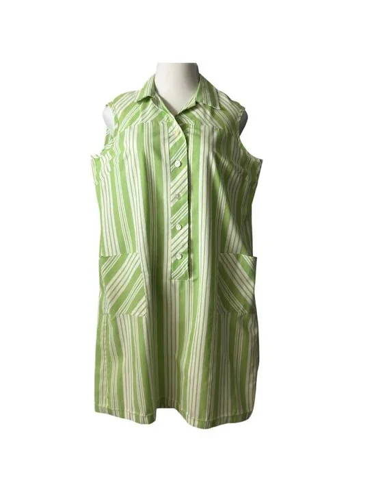 Vintage 60's Womens Dress Handmade Green White Stripe Sleeveless Shift 14 16 - Picture 2 of 15